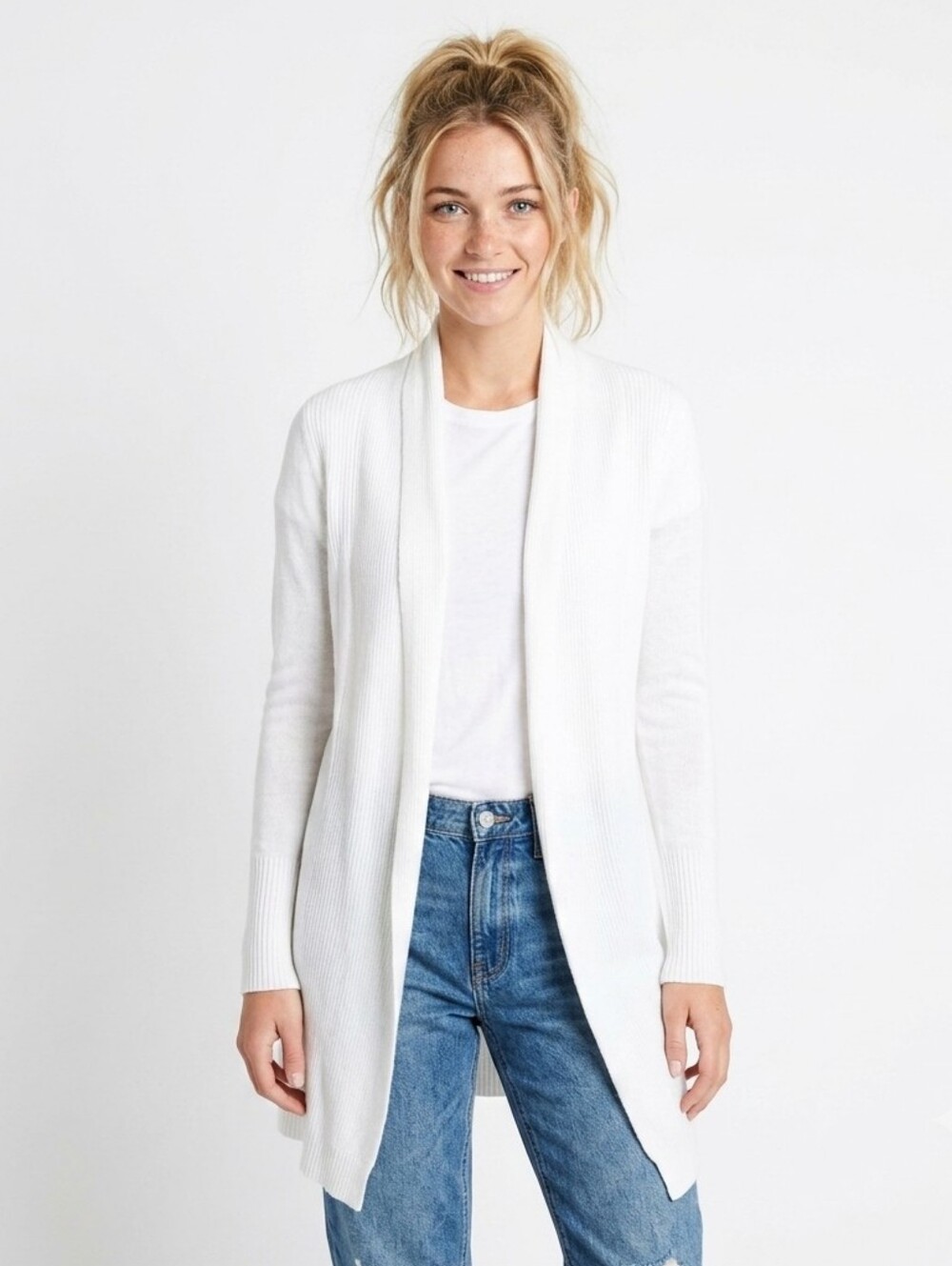 Kinross White Cotton Ribbed Coastal Minimal Open Front Cardigan Sweater Size S/P